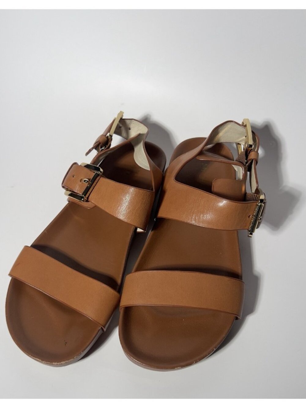 Michael Kors Brown Leather Flat Sandals Women’s 7M Gold Buckle Back Zip